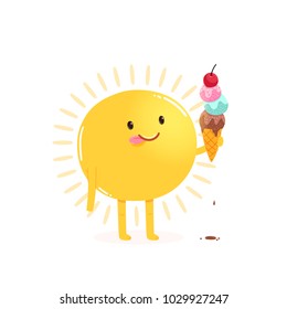 Cute Cartoon Sun Eating Ice Cream. Funny Star Holding Sweet Frozen Food. Vector Summer Image For Kids Apparel, Poster, Postcard Or Sticker. Sphere Of Hot Plasma.
