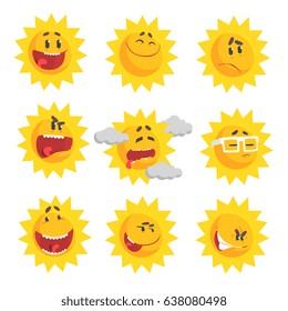 Cute cartoon sun emojis. Emotional face set of colorful characters vector Illustrations