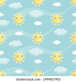 Cute cartoon sun with a face of a cat shines on sky among clouds, seamless vector background for kids. Funny pattern with smiling sun who has a muzzle of a kitten and shines on cloudy sky.
