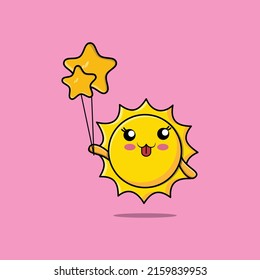 Cute cartoon sun floating with star balloon cartoon vector illustration
