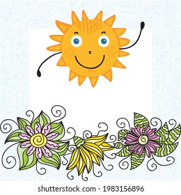 Sol de dibujos animados y flores. Ilustración del vector