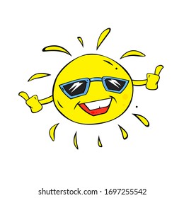 Cute cartoon sun in glasses on white background. Great character for summer illustration. 