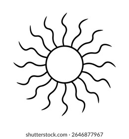 Cute cartoon sun with a happy face and yellow rays, isolated on white. Vector illustration for kids and summer themes.