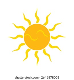 Cute cartoon sun with a happy face and yellow rays, isolated on white. Vector illustration for kids and summer themes.