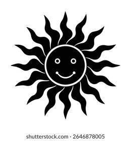 Cute cartoon sun with a happy face and yellow rays, isolated on white. Vector illustration for kids and summer themes.