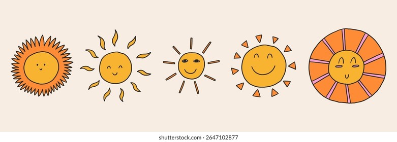 Cute Cartoon Sun. Happy Kid Sunshine Face Icon. Vector Doodle Illustration