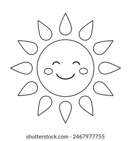 Cute cartoon sun with happy smiling face in simple kawaii doodle style isolated contour vector illustration. Weather icon or logo clipart design element. Black and white drawing.