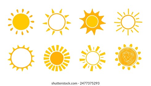 Cute cartoon sun icon set. Hand drawn summer elements. Vector illustration