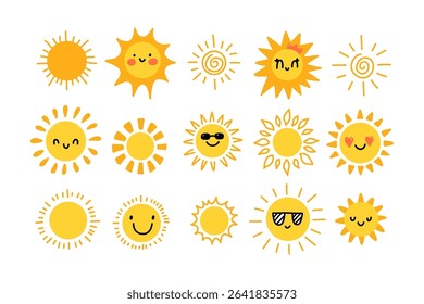 Cute cartoon sun icons set. Collection of smiling sunshine faces with sunglasses, hearts, blush and kawaii expressions. Perfect for kids, summer designs, weather apps, or nursery prints.