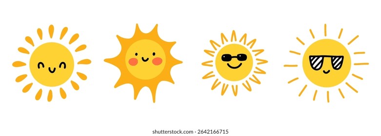 Cute cartoon sun icons set. Collection of smiling sunshine faces with sunglasses, hearts, blush, and kawaii expressions. Perfect for kids, summer designs, weather apps, or nursery prints.