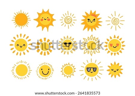 Cute cartoon sun icons set. Collection of smiling sunshine faces with sunglasses, hearts, blush and kawaii expressions. Perfect for kids, summer designs, weather apps, or nursery prints.
