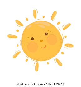 Cute cartoon sun illustration on white background. Funny sun character.