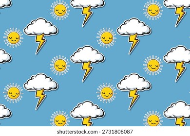 Cute cartoon sun and lightning bolt weather pattern on blue background