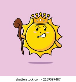 Una linda mascota solar de dibujos animados como un rey sabio con una corona dorada y un palo de madera