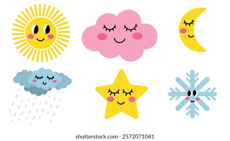 Cute cartoon Sun, and Moon, Star and Cloud, Snowflake in childlike style with Different Facial Expressions. Weather symbols for kids.