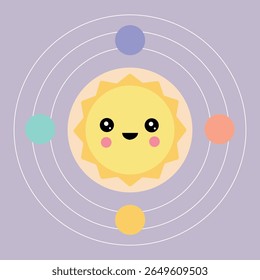 Cute cartoon sun with orbiting planets in flat solar system illustration