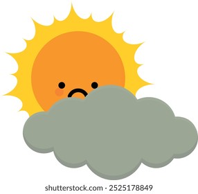 Cute cartoon sun peeking from behind cloud with a sad expression, weather icon.