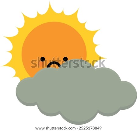 Cute cartoon sun peeking from behind cloud with a sad expression, weather icon.
