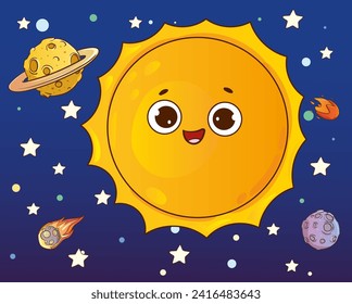 Cute cartoon sun and planets on space background. Vector illustration.