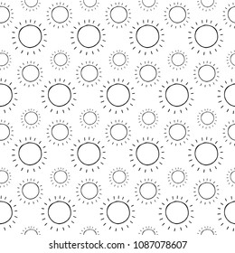 Cute cartoon sun print with hand drawn sun. Sweet vector black and white sun print. Seamless monochrome doodle sun print for textile, wallpapers, wrapping paper, cards and web.