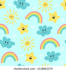Cute cartoon sun, rainbow, cloud and star - seamless pattern background on blue. Pattern for kids design