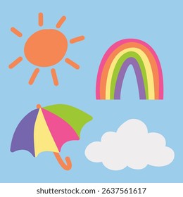 Cute cartoon sun, rainbow, umbrella, and cloud in bright summer colors. Playful hand-drawn weather elements on blue background. Ideal for kids designs, learning materials, or seasonal graphics.