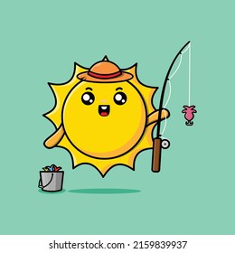 Cute cartoon sun ready fishing wearing fishing equipment cartoon character