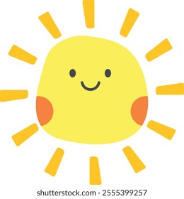 Cute cartoon sun with a smiling face, featuring yellow rays and orange circular cheeks, ideal for cheerful and playful designs, children's materials, and decorative items.