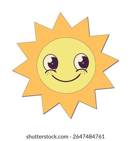 Cute cartoon sun with smiling face, big eyes, and freckles on a white background in a cheerful style