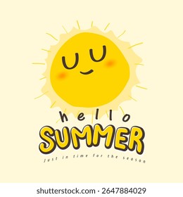 Cute cartoon sun with smiling face in warm yellow tones. Ideal for summer-themed logos, headers, banners or promotional graphics for kids, events, or playful seasonal content.
