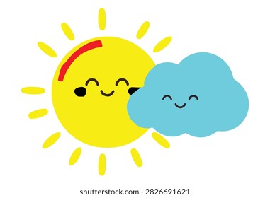 Cute cartoon sun with smiling face and a fluffy blue cloud obscuring it