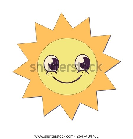 Cute cartoon sun with smiling face, big eyes, and freckles on a white background in a cheerful style