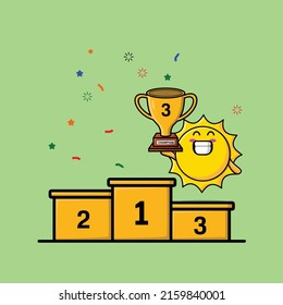 Cute cartoon sun as the third winner with happy expression in 3d modern style design