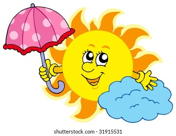 Cute cartoon Sun with umbrella - vector illustration.