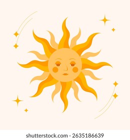 A cute cartoon sun with wavy rays and a face surrounded by stars. Ideal for nursery, children's room, bedroom, children's prints on clothes, pajamas, invitations, educational materials.