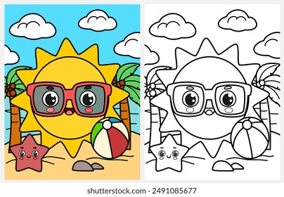 Cute cartoon sun wearing glasses coloring page for kids, summer coloring pages for kids