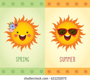 Cute cartoon sun wearing sunglasses, spring flowers. Spring and Summer vector illustration. Seasonal Icon in flat design.