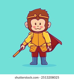 Cute Cartoon of Sun Wukong The Monkey King Poses Standing With A Stick Rod.