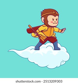 Cute cartoon of Sun Wukong The Monkey King Rides The Kintoun Cloud.