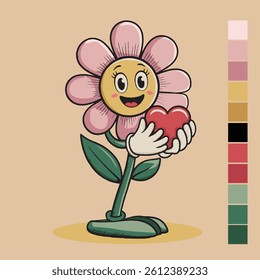 Cute Cartoon Sunflower Holding Heart  Retro Style Art