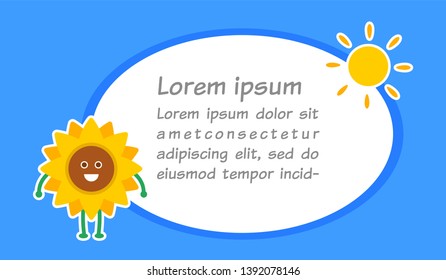 Cute cartoon sunflower and sun in childish style use for invitation card, banner with text, greeting card with blue sky background.