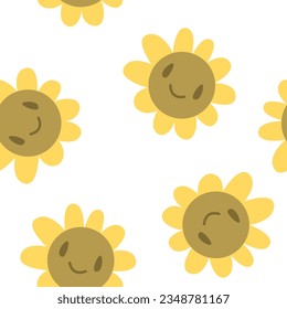 Girasol de dibujos animados - Patrón de infiltración de vectores. Niños de fondo con caras sonrisas.
