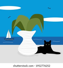 cute cartoon sunny day greek landscape scene with cat, vase with plant and sea vector illustration