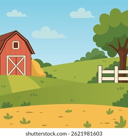 Ensolarado Desenho Animado Fazenda com Celeiro, Cerca, Árvore e Céu Azul. Ilustração vetorial de uma paisagem rural.