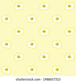 Cute cartoon sunny side up egg vector pattern, great for wallpaper, wrapping, packing, texture and background. Hand drawn fried egg character with smiling facial expression. EPS 10.