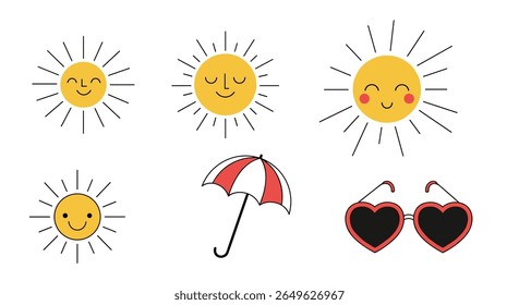 Desenho animado bonito sol com óculos de sol e ilustrações de guarda-chuva para o dia de verão divertido
