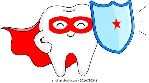 Cute cartoon super hero tooth. Character design, dental care concept. Vector illustration isolated on white background.