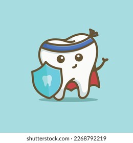 Cute cartoon super hero tooth with shield character vector illustration health dentist icon