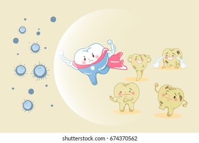 cute cartoon super tooth fight with bacterium for your health design