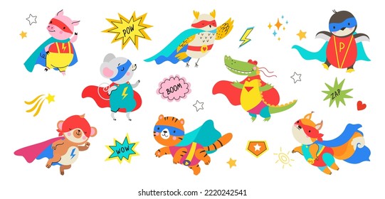 Cute cartoon superhero animals in masks and capes. Draw baby hero, animal comic stickers for children. Super strong mouse, pig and tiger, nowaday vector characters